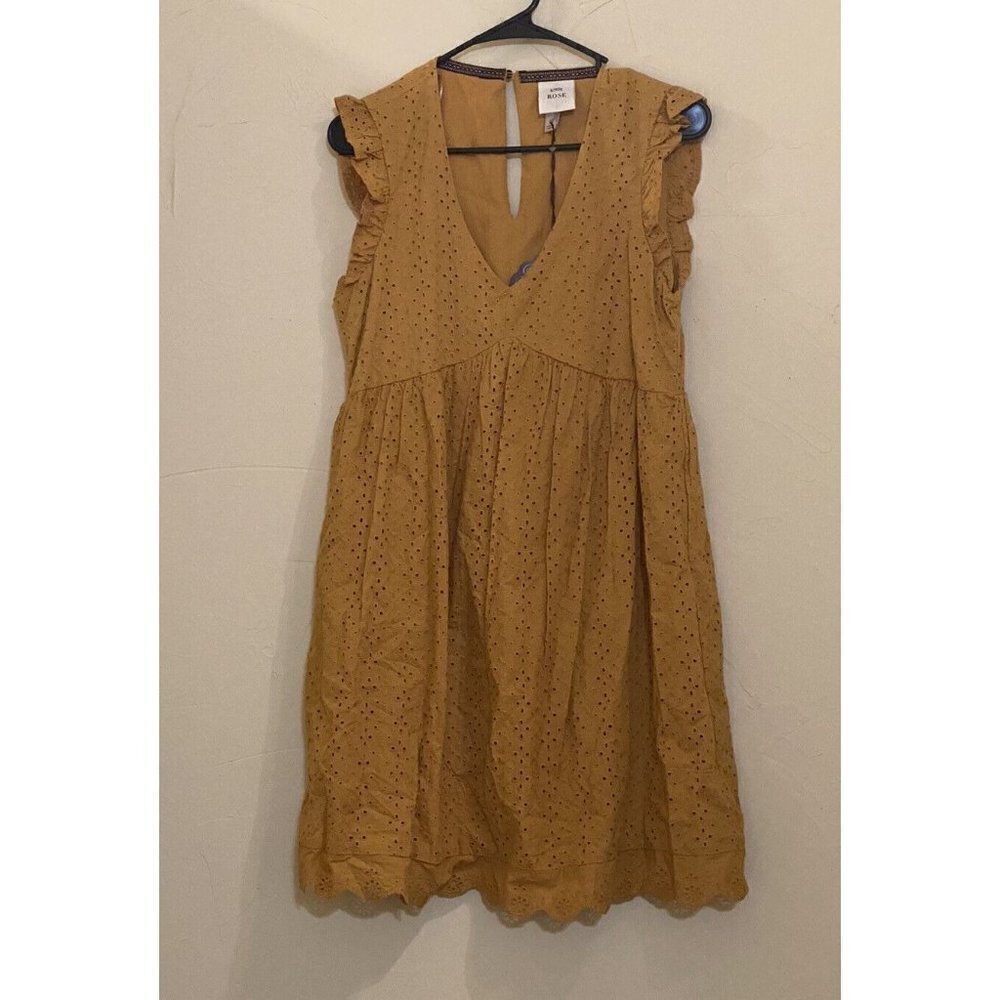 Knox Rose Women's Sahara Gold Dress Eyelet Lace Ruffle V Neck XS